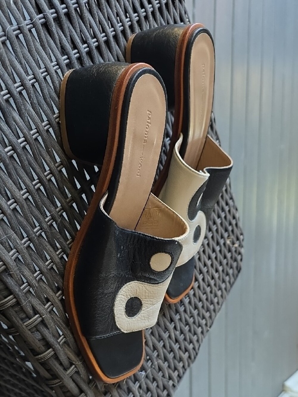 Paloma Wool Black and Cream Yin-Yang Leather Slide Sandals